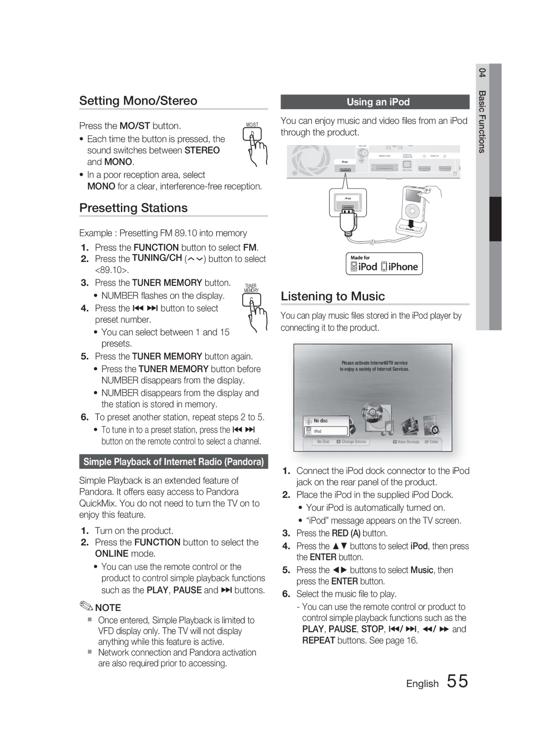 Samsung HT-C6730W/XAA, HT-C6730W/XEF manual Setting Mono/Stereo, Presetting Stations, Listening to Music, Using an iPod 