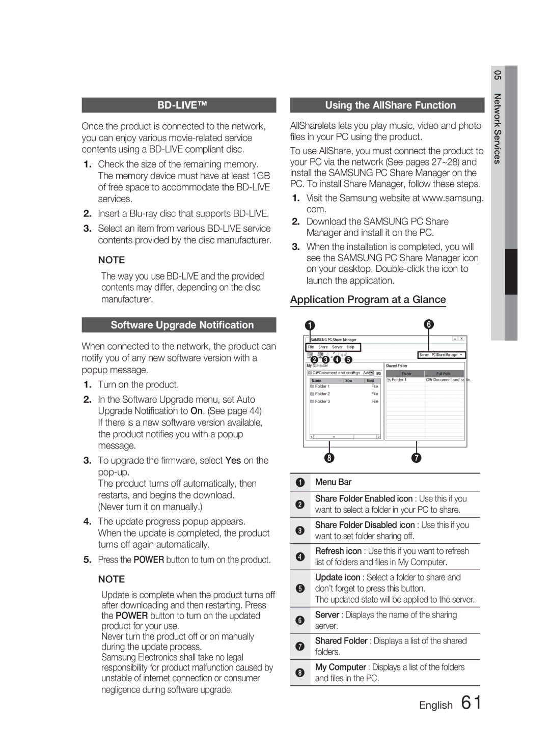 Samsung HT-C6730W/XAA Using the AllShare Function, Application Program at a Glance, Software Upgrade Notiﬁcation, Menu Bar 