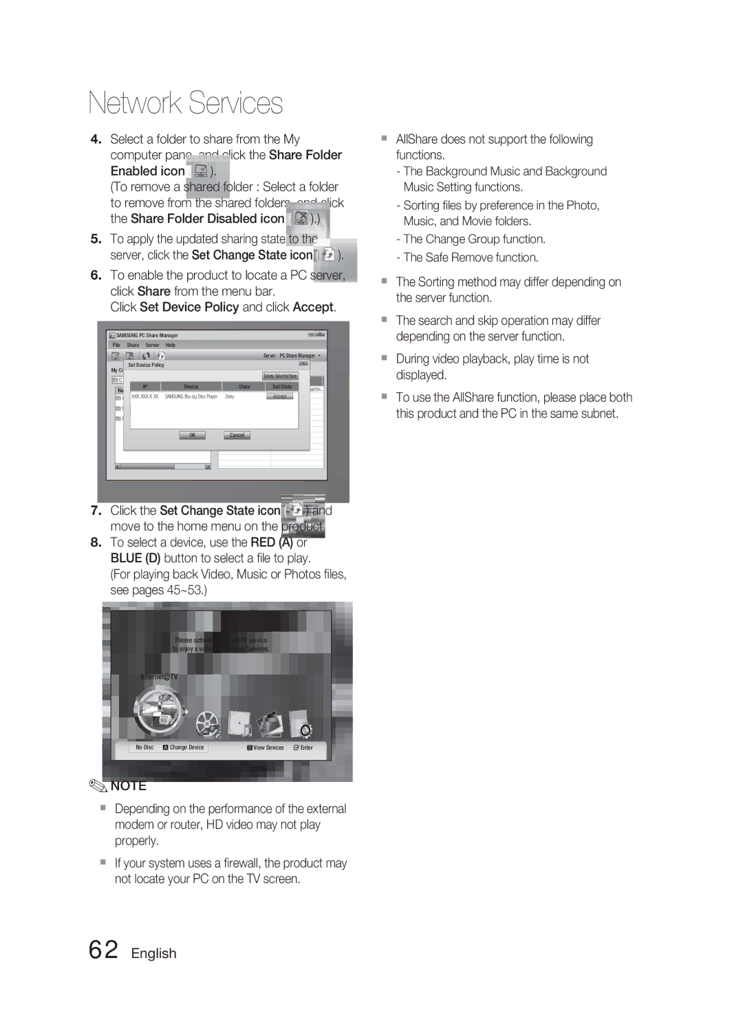 Samsung HT-C6730W/XEF, HT-C6730W/XAA Select a folder to share from the My, Depending on the server function, Displayed 