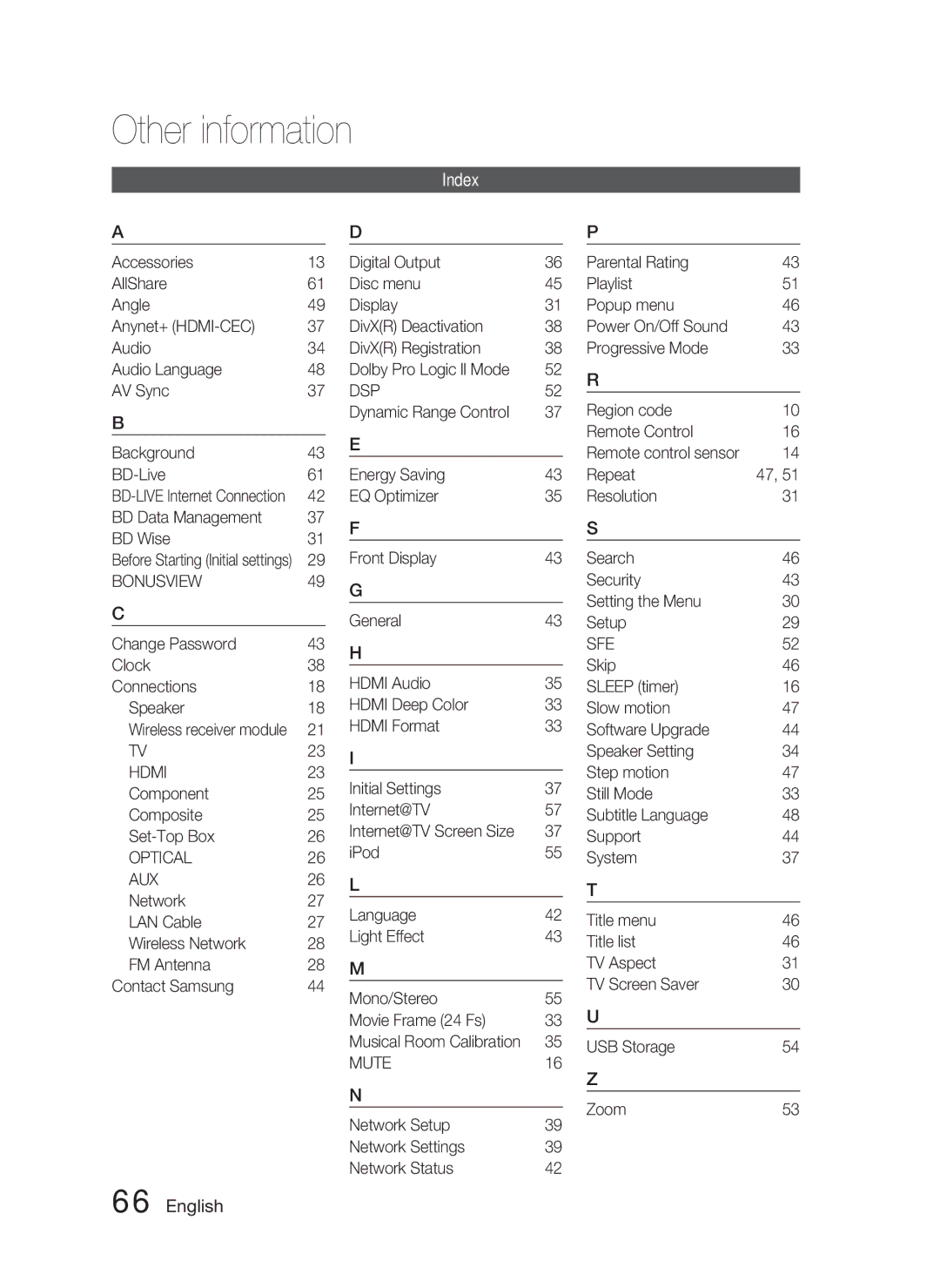 Samsung HT-C6730W/XEF, HT-C6730W/XAA manual Index 