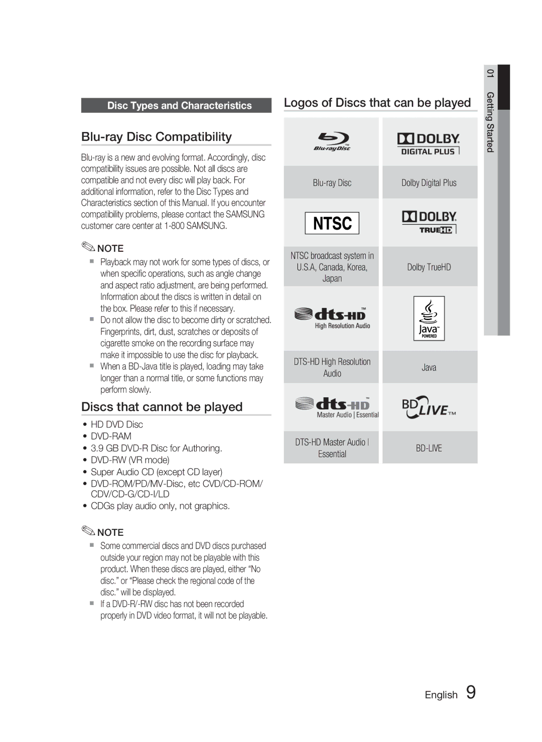 Samsung HT-C6730W/XAA Blu-ray Disc Compatibility, Discs that cannot be played, Disc Types and Characteristics, Dvd-Ram 