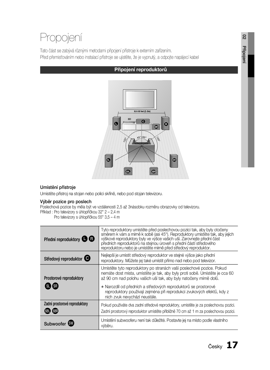 Samsung HT-C6730W/XEF manual Propojení, Připojení reproduktorů 