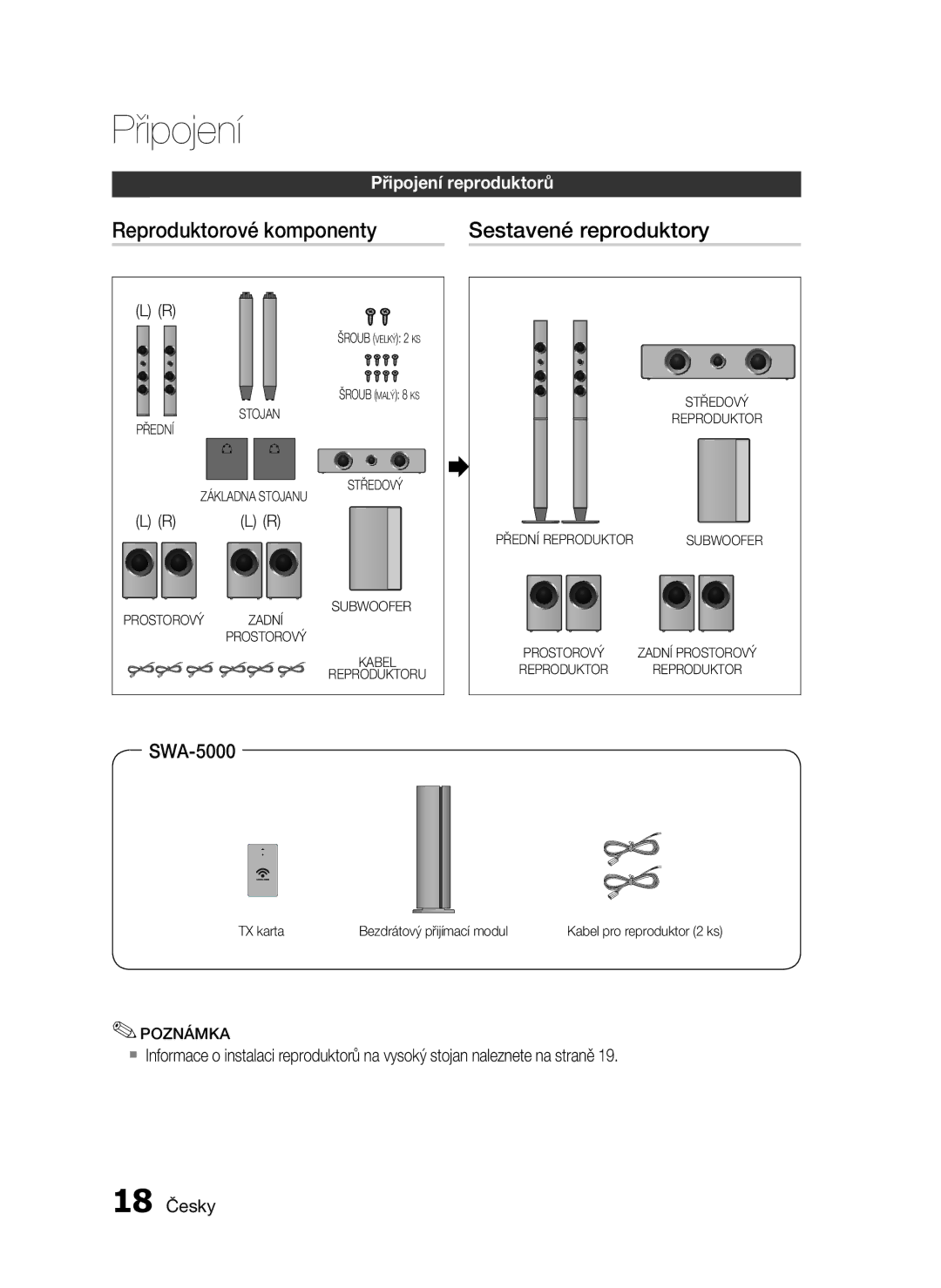 Samsung HT-C6730W/XEF manual Připojení, Sestavené reproduktory 