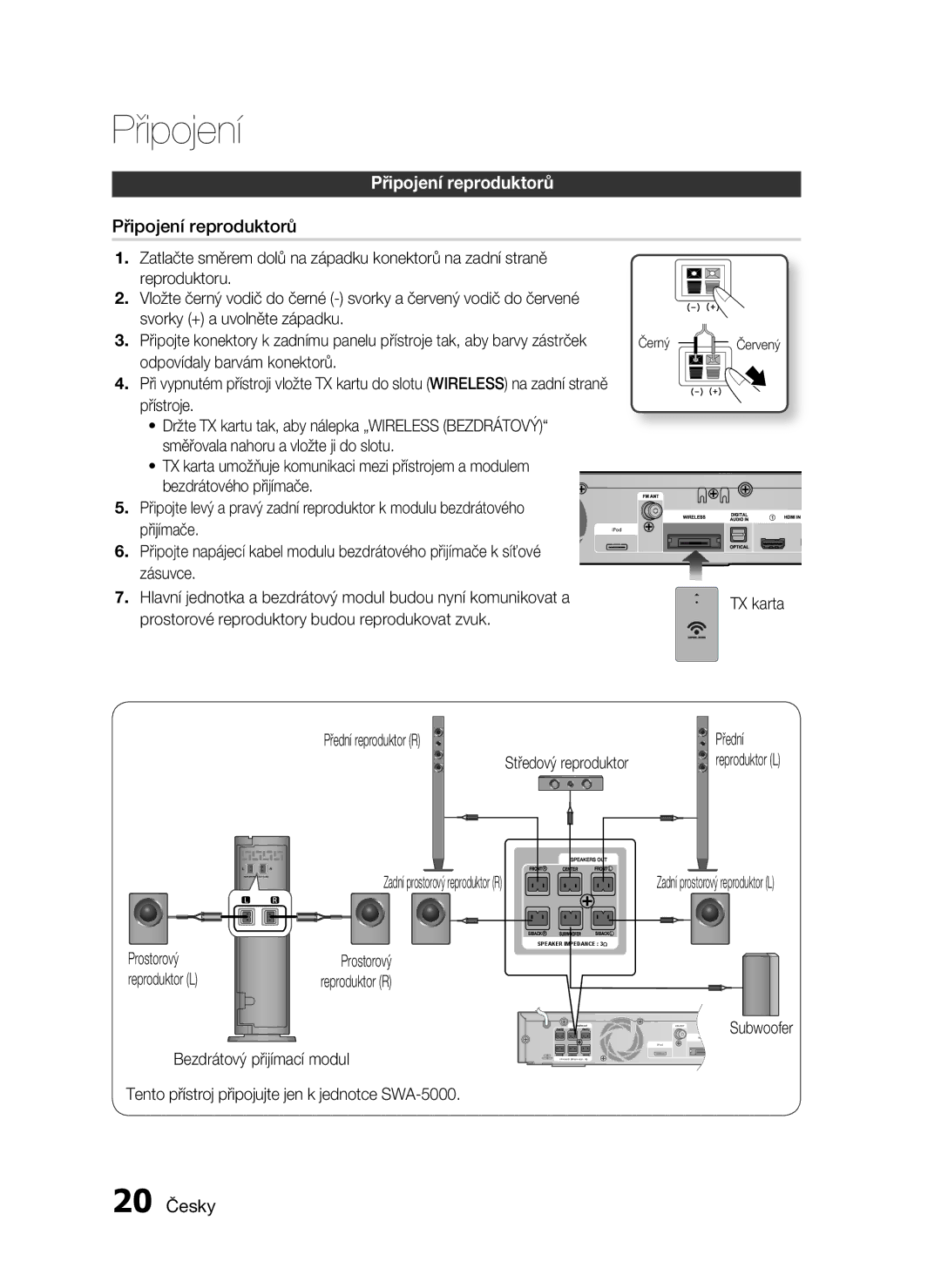 Samsung HT-C6730W/XEF manual Připojení reproduktorů, 20 Česky 