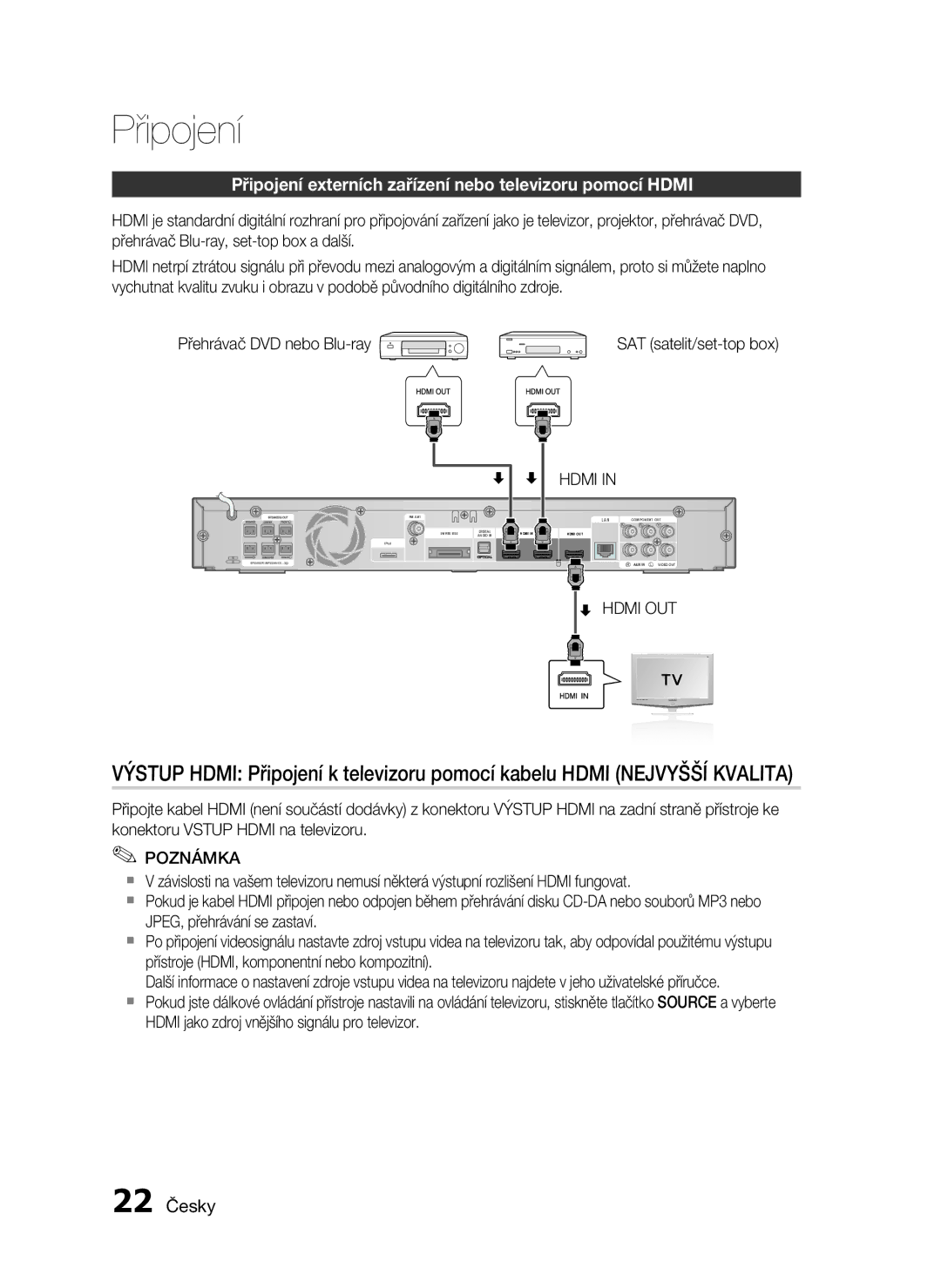 Samsung HT-C6730W/XEF manual Připojení externích zařízení nebo televizoru pomocí Hdmi, 22 Česky, SAT satelit/set-top box 
