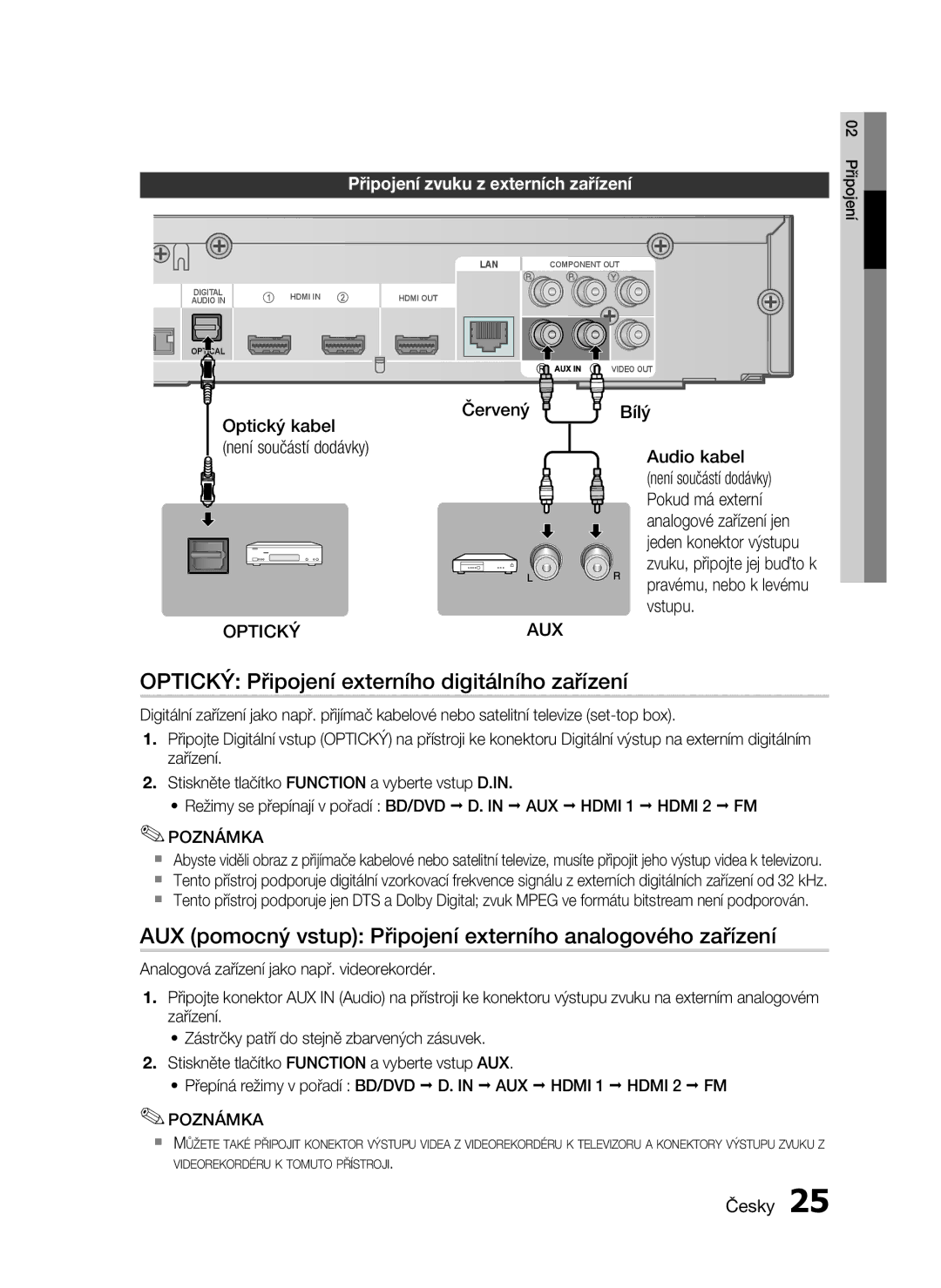 Samsung HT-C6730W/XEF manual Optický Připojení externího digitálního zařízení, Připojení zvuku z externích zařízení, Bílý 