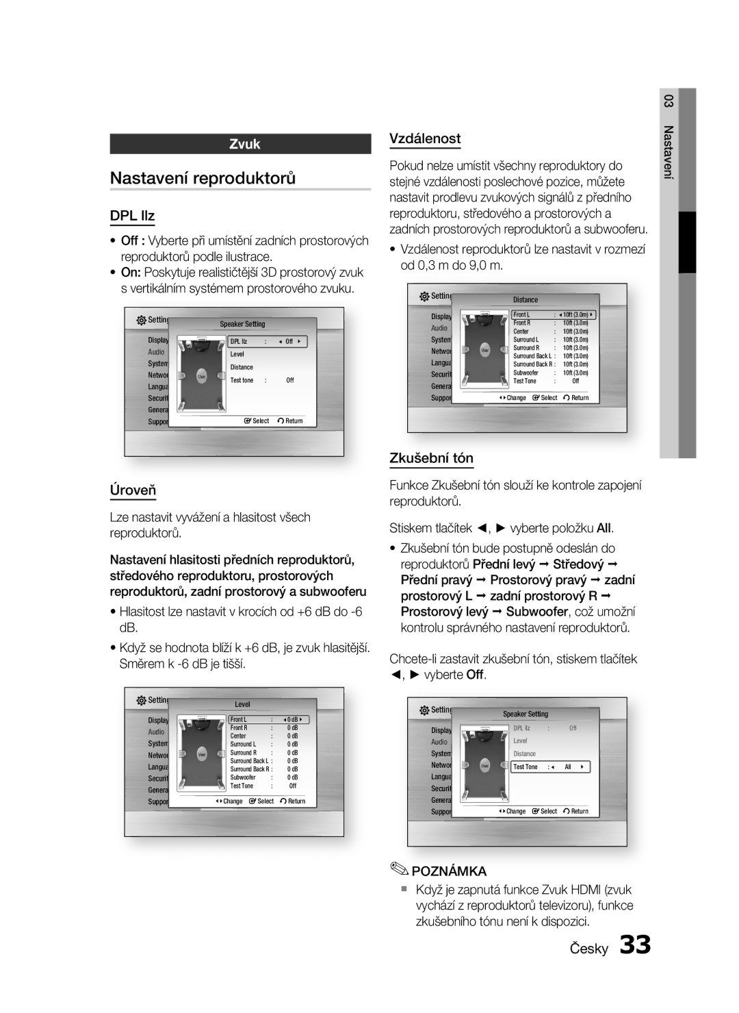 Samsung HT-C6730W/XEF manual Nastavení reproduktorů, Zvuk 