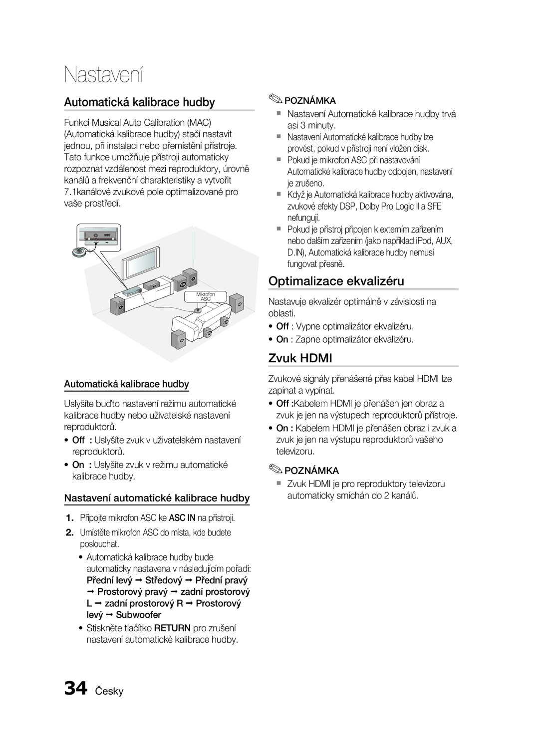 Samsung HT-C6730W/XEF manual Automatická kalibrace hudby, Optimalizace ekvalizéru, Zvuk Hdmi 