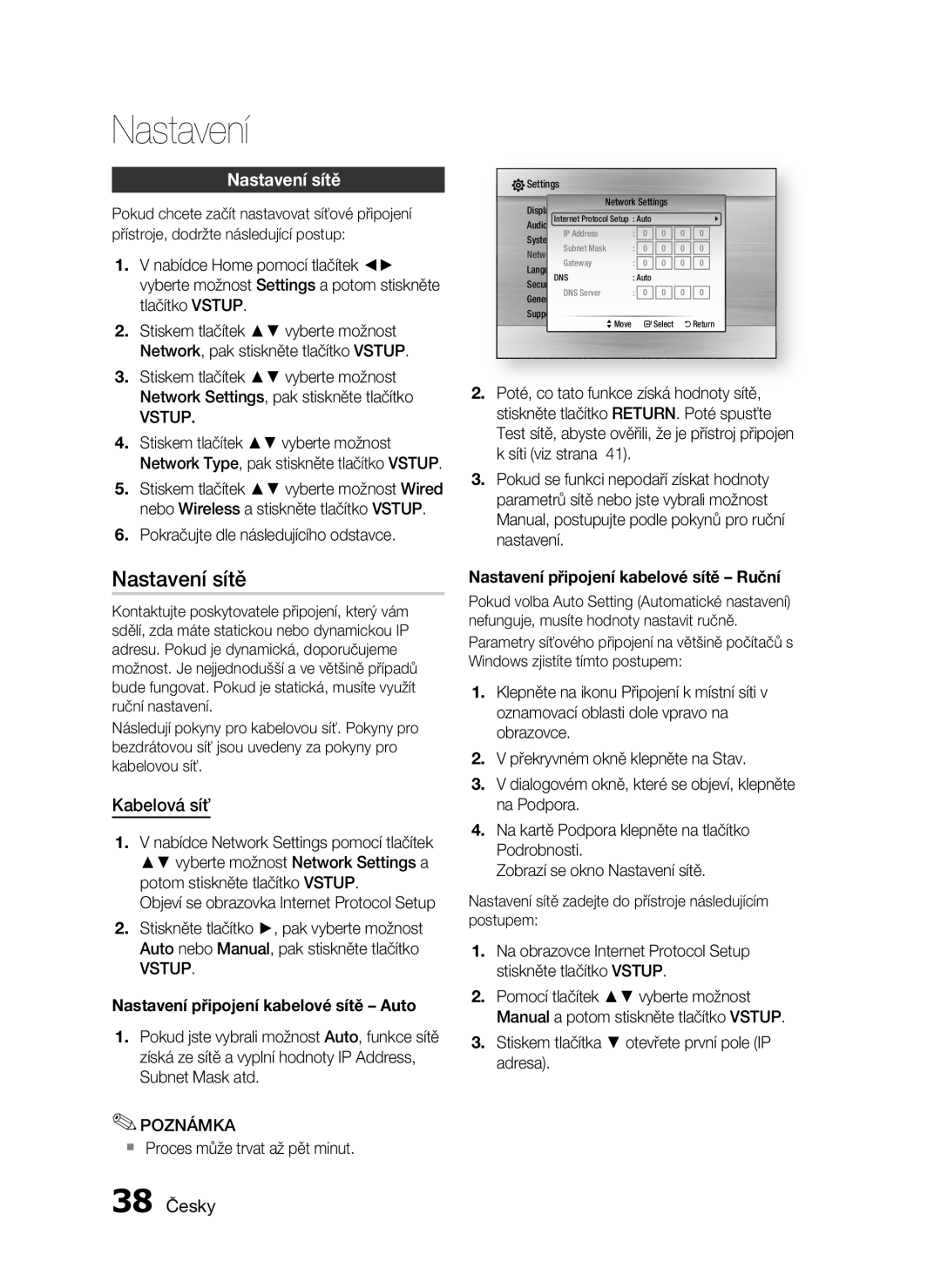 Samsung HT-C6730W/XEF manual Nastavení sítě, Kabelová síť, 38 Česky 