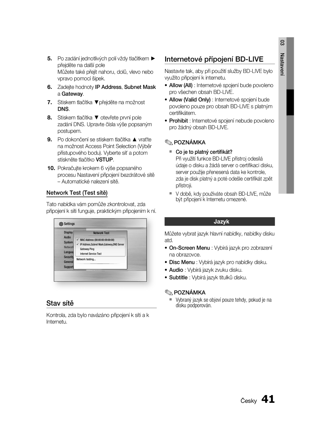 Samsung HT-C6730W/XEF manual Internetové přípojení BD-LIVE, Stav sítě, Network Test Test sítě, Jazyk 