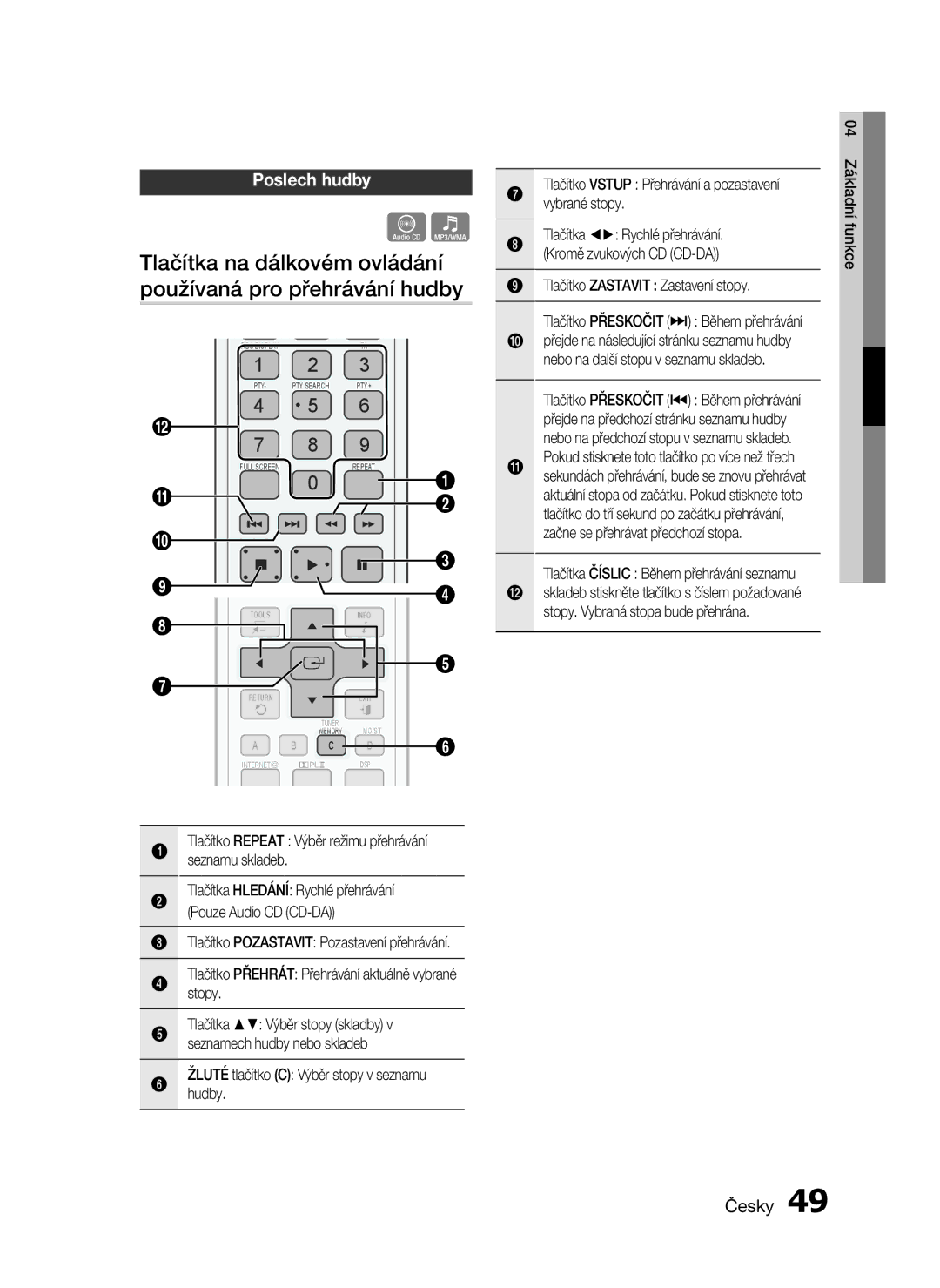 Samsung HT-C6730W/XEF manual Poslech hudby, Tlačítko Repeat Výběr režimu přehrávání seznamu skladeb 