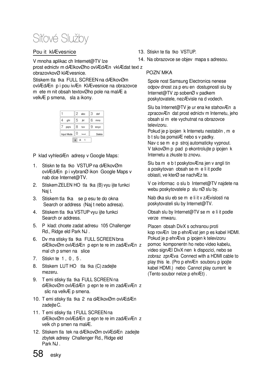 Samsung HT-C6730W/XEF manual Použití klávesnice, 58 Česky 