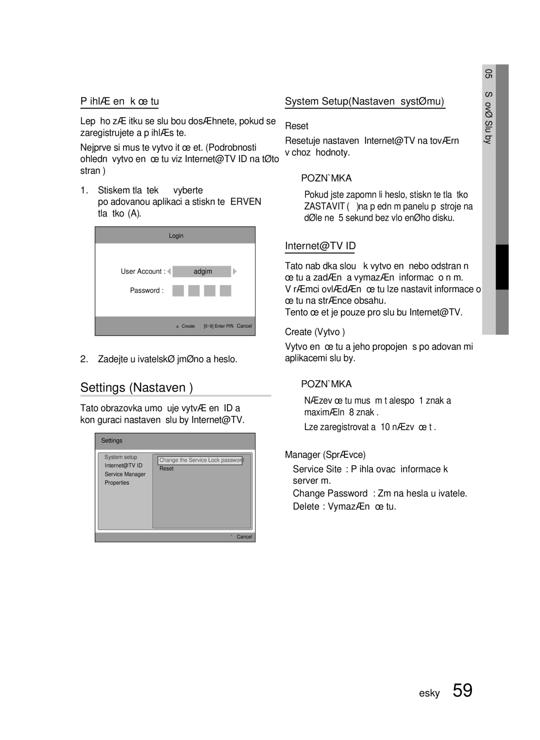 Samsung HT-C6730W/XEF manual Settings Nastavení, Přihlášení k účtu, System SetupNastavení systému, Internet@TV ID 