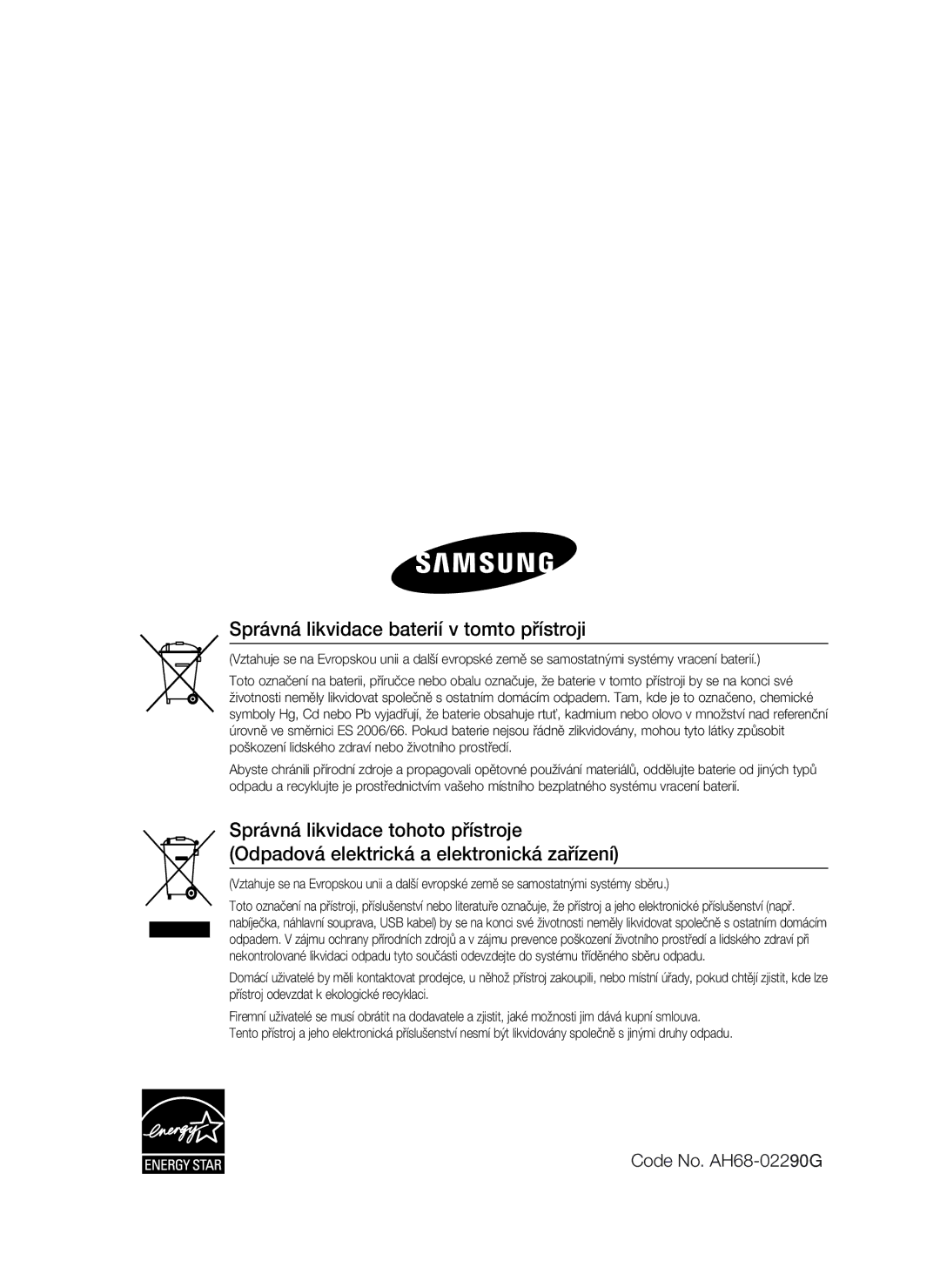 Samsung HT-C6730W/XEF manual Správná likvidace baterií v tomto přístroji 