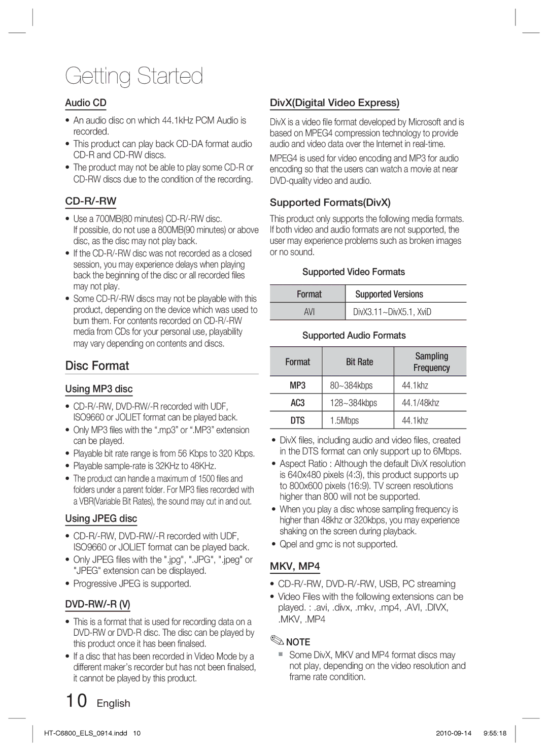 Samsung HT-C6800/XEN, HT-C6800/EDC, HT-C6800/XEF manual Disc Format 