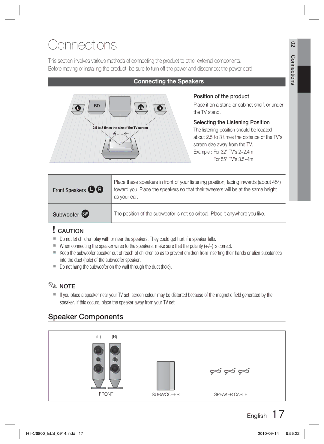 Samsung HT-C6800/XEF, HT-C6800/EDC, HT-C6800/XEN manual Connections, Speaker Components, Connecting the Speakers 