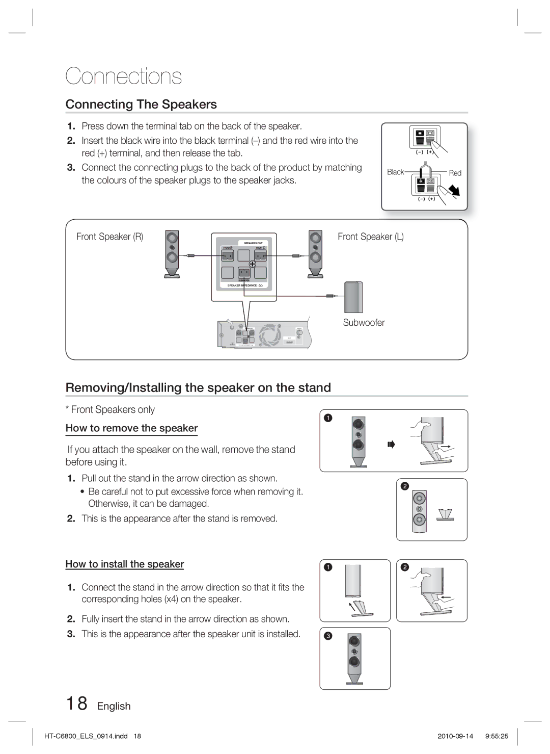 Samsung HT-C6800/EDC Connecting The Speakers, Removing/Installing the speaker on the stand, How to install the speaker 