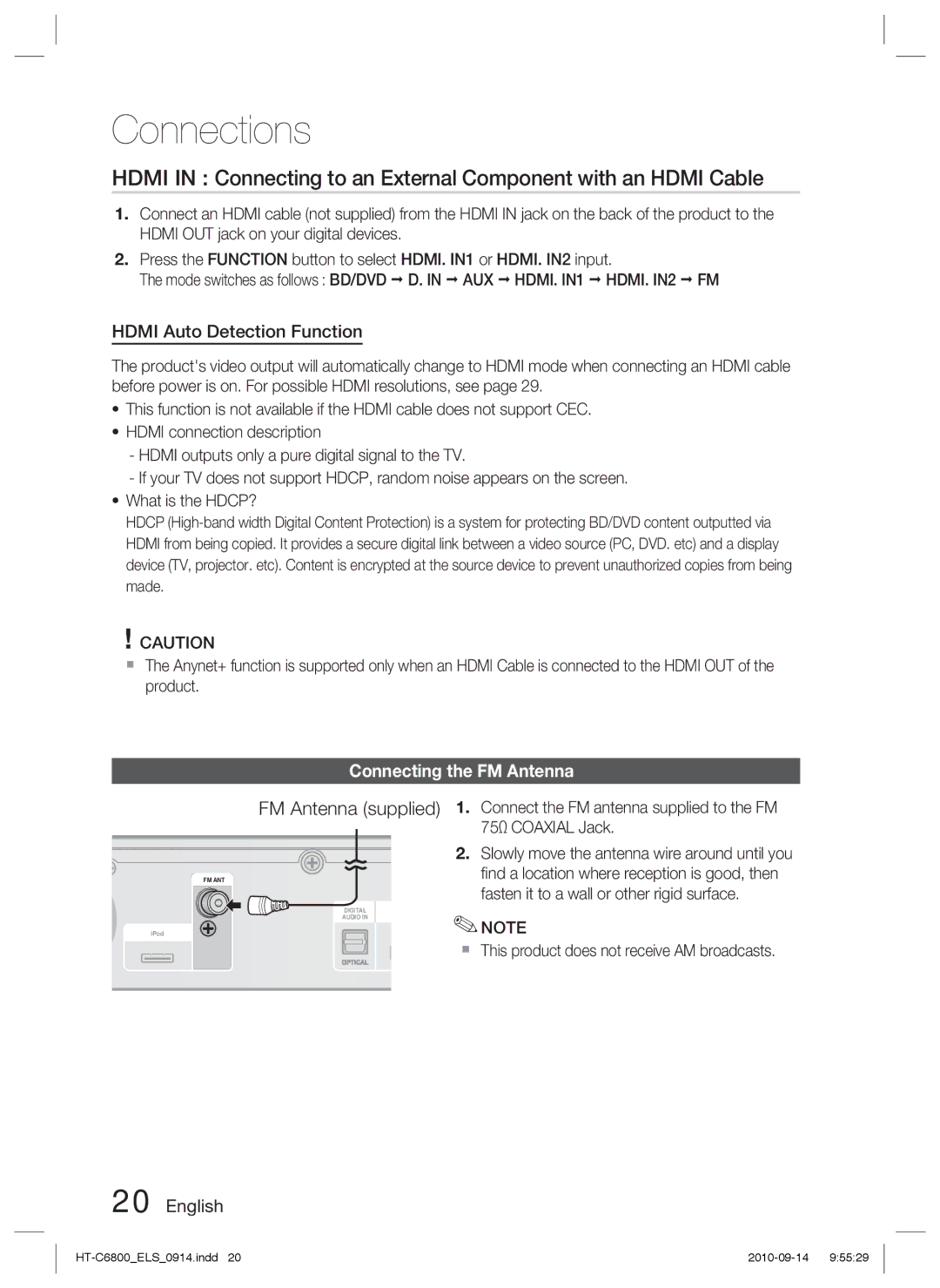 Samsung HT-C6800/XEF, HT-C6800/EDC, HT-C6800/XEN manual Hdmi Auto Detection Function, Connecting the FM Antenna 