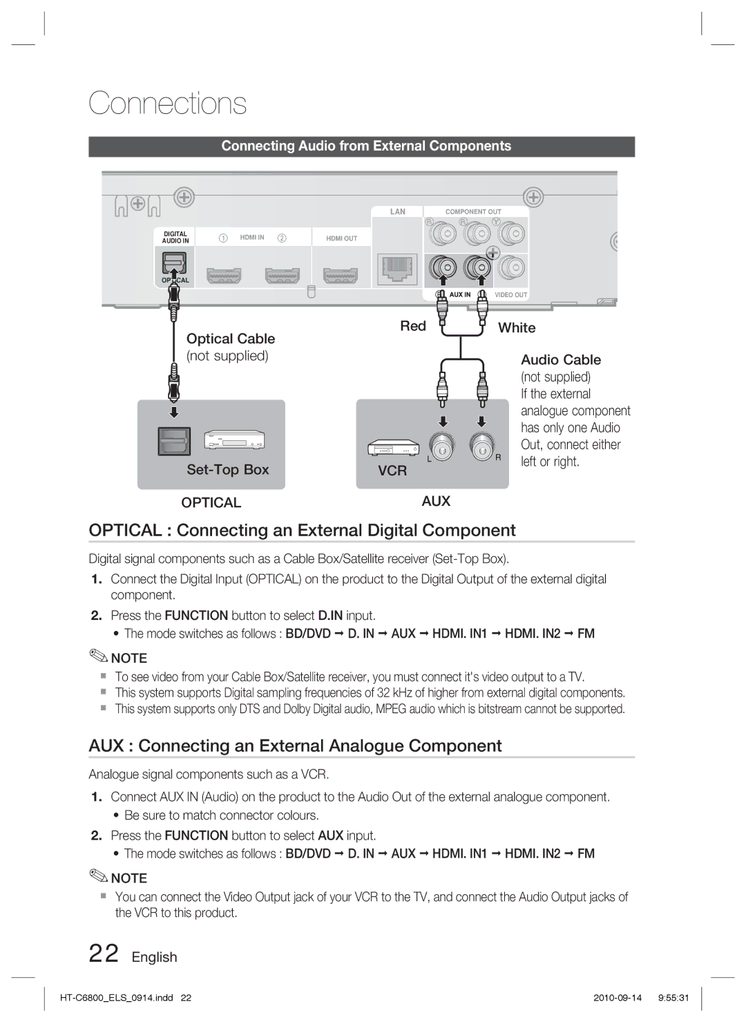 Samsung HT-C6800/XEN manual Optical Connecting an External Digital Component, AUX Connecting an External Analogue Component 