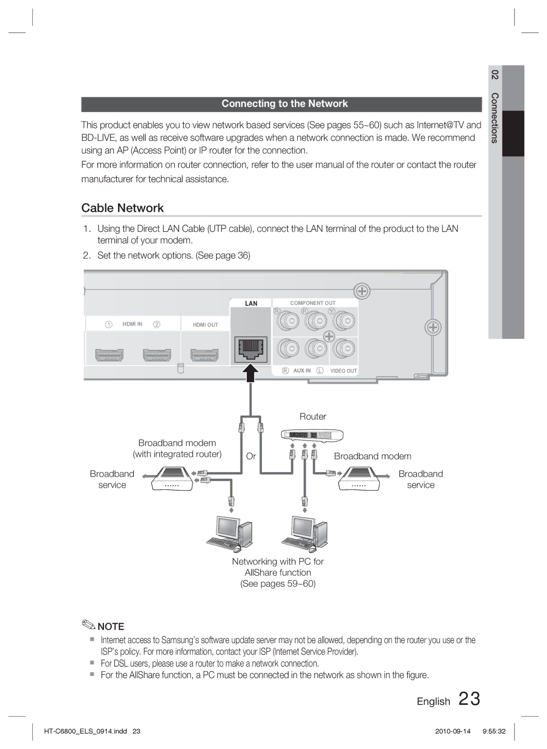 Samsung HT-C6800/XEF, HT-C6800/EDC, HT-C6800/XEN manual Cable Network, Connecting to the Network 