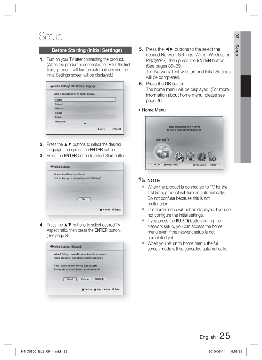 Samsung HT-C6800/XEN, HT-C6800/EDC, HT-C6800/XEF manual Setup, Before Starting Initial Settings 