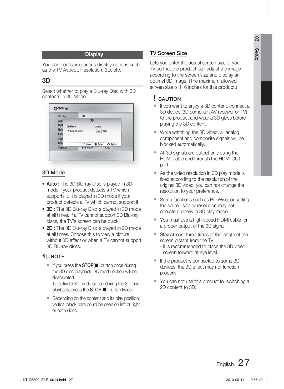 Samsung HT-C6800/EDC, HT-C6800/XEN, HT-C6800/XEF manual Display, 3D Mode, TV Screen Size 