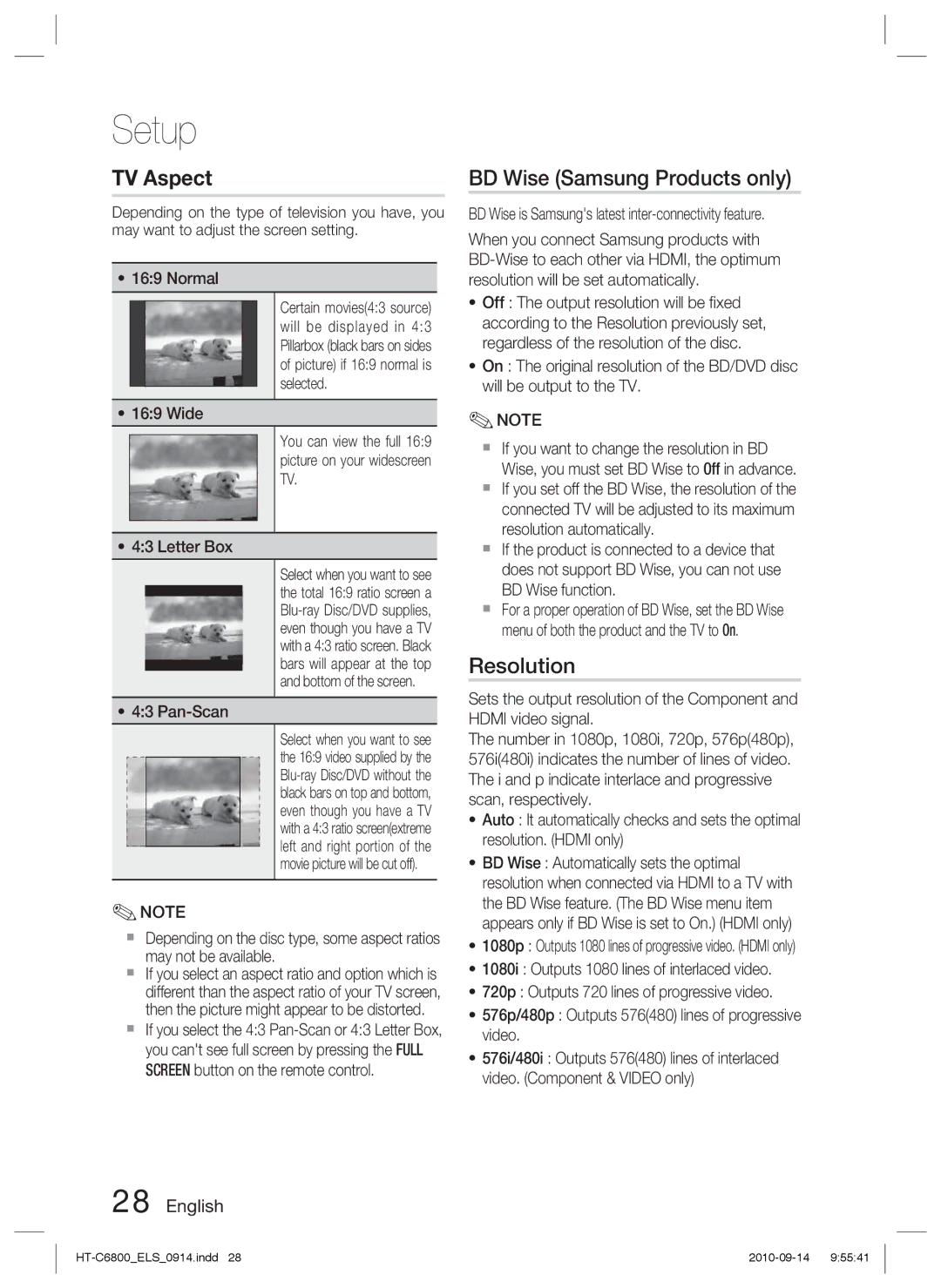 Samsung HT-C6800/XEN, HT-C6800/EDC, HT-C6800/XEF manual BD Wise Samsung Products only, Resolution, Pan-Scan 