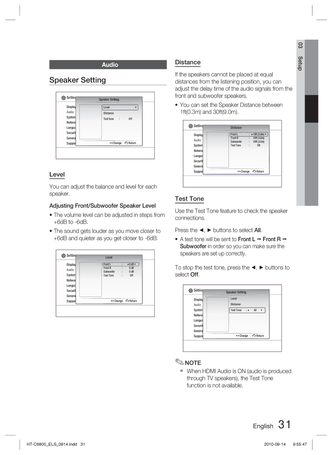 Samsung HT-C6800/XEN, HT-C6800/EDC, HT-C6800/XEF manual Speaker Setting, Audio, Level, Distance, Test Tone 