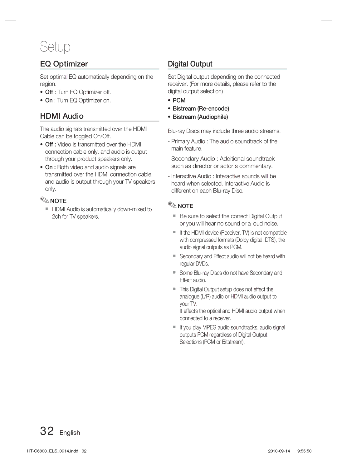 Samsung HT-C6800/XEF, HT-C6800/EDC, HT-C6800/XEN manual EQ Optimizer, Hdmi Audio, Digital Output 