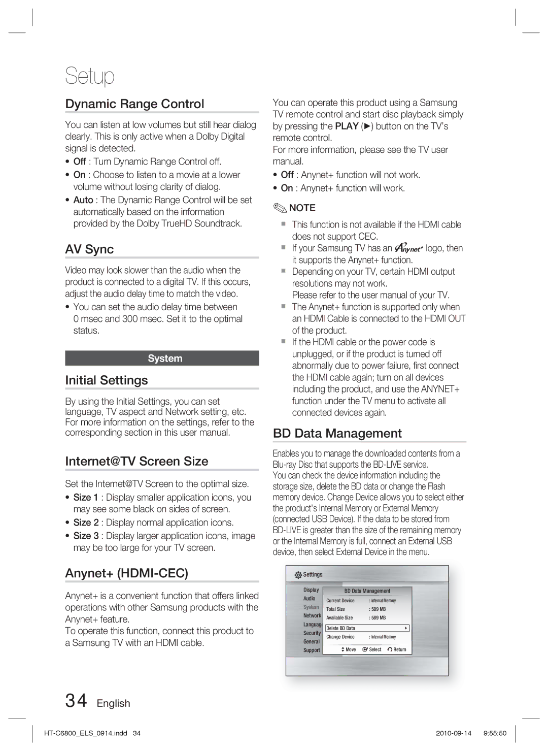 Samsung HT-C6800/XEN manual Dynamic Range Control, AV Sync, Initial Settings Internet@TV Screen Size, Anynet+ HDMI-CEC 