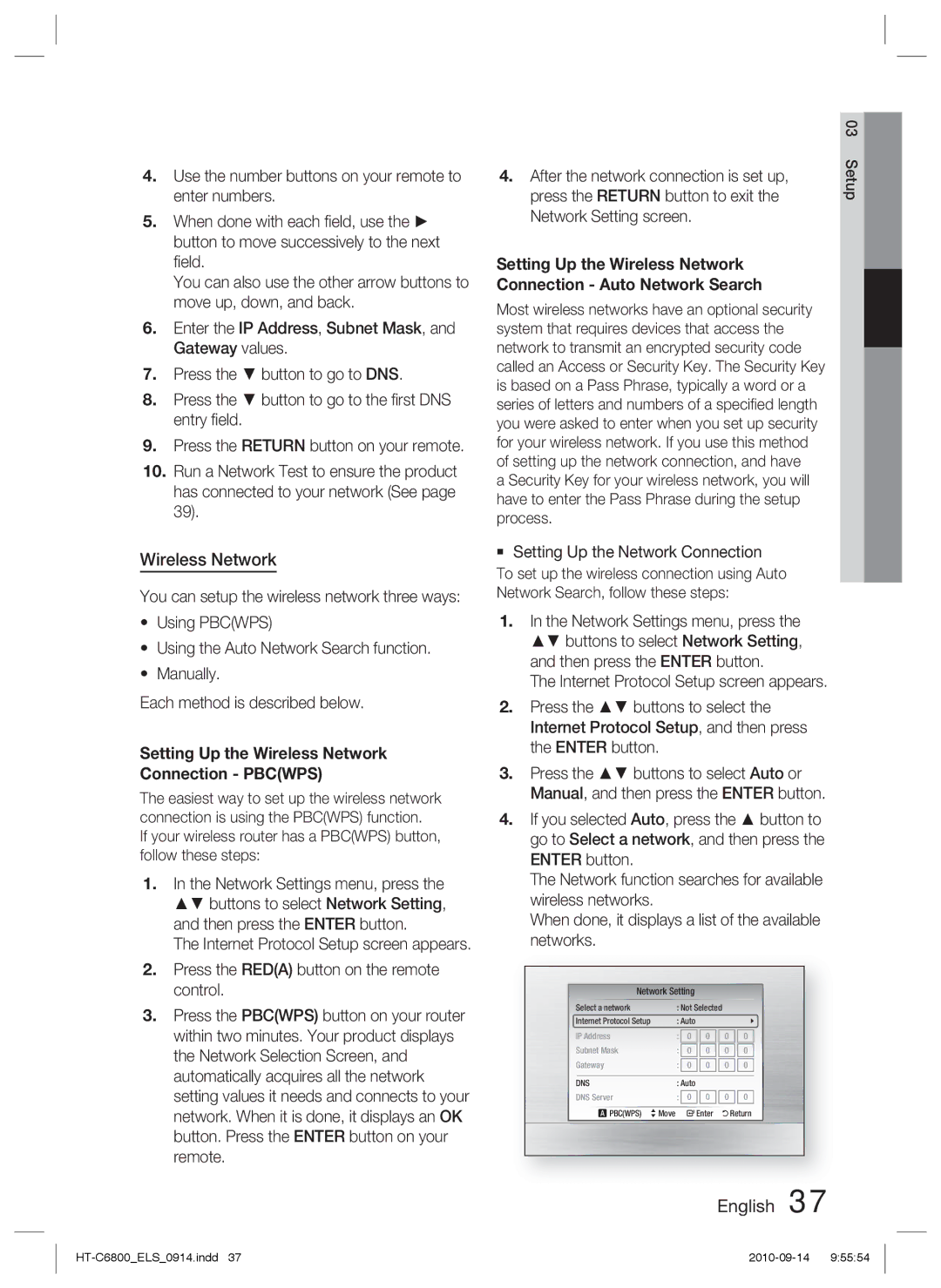 Samsung HT-C6800/XEN, HT-C6800/EDC, HT-C6800/XEF Wireless Network, Press the Return button to exit Network Setting screen 