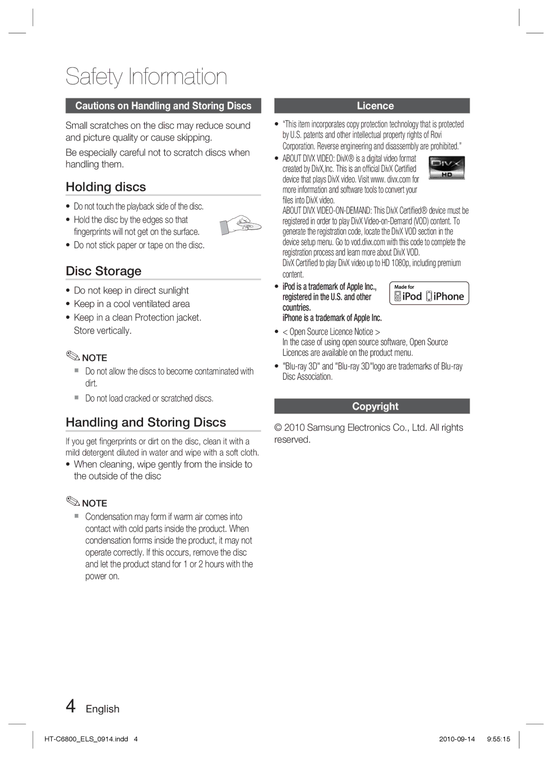 Samsung HT-C6800/XEN, HT-C6800/EDC manual Holding discs, Disc Storage, Handling and Storing Discs, Licence, Copyright 