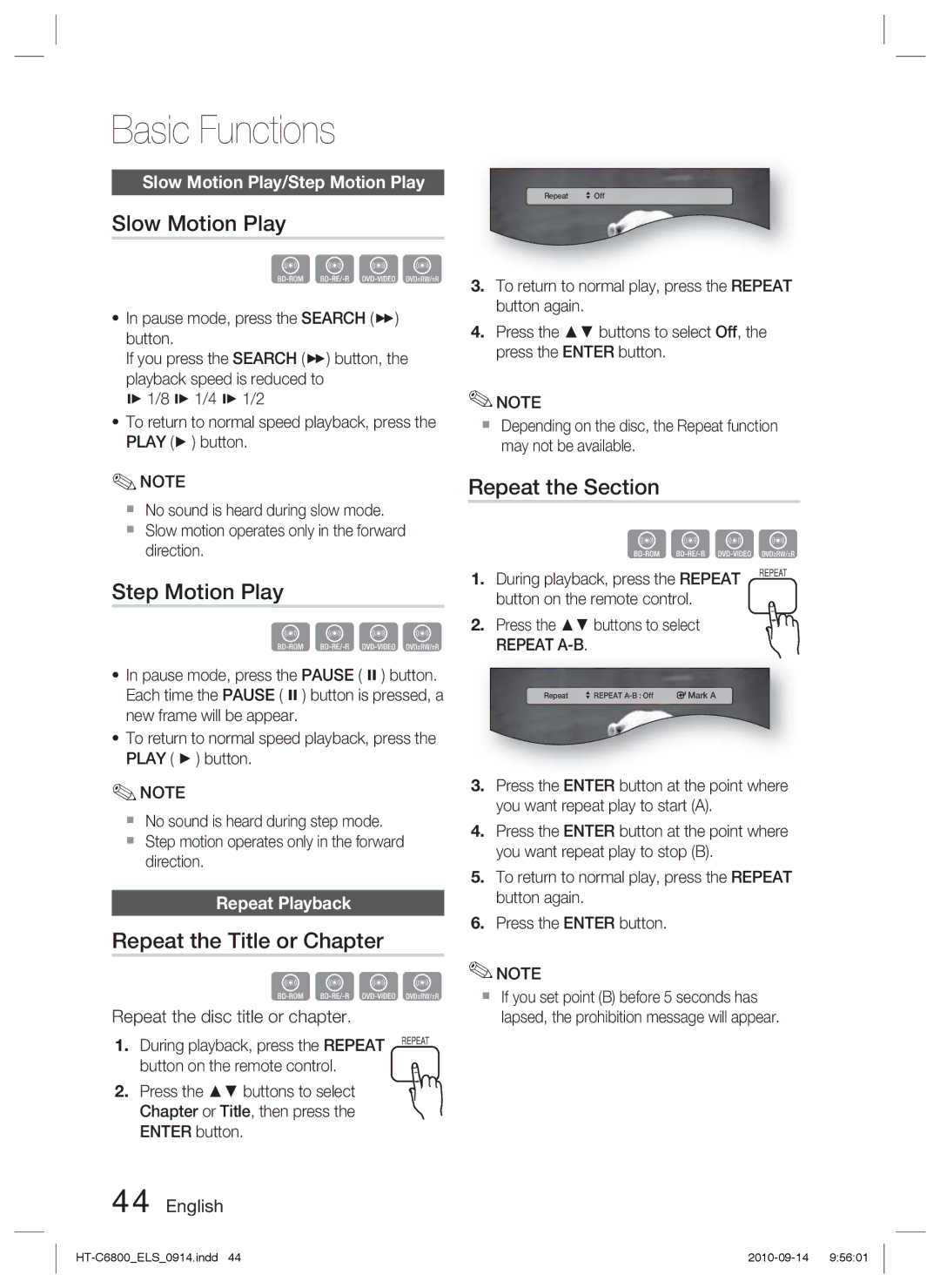 Samsung HT-C6800/XEF, HT-C6800/EDC Slow Motion Play, Step Motion Play, Repeat the Title or Chapter, Repeat the Section 