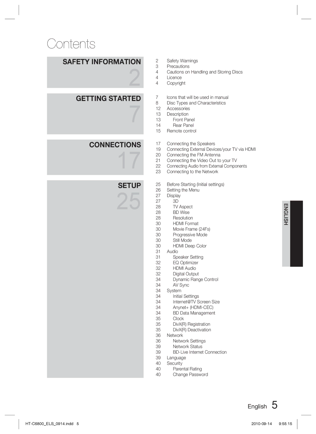 Samsung HT-C6800/XEF, HT-C6800/EDC, HT-C6800/XEN manual Contents 