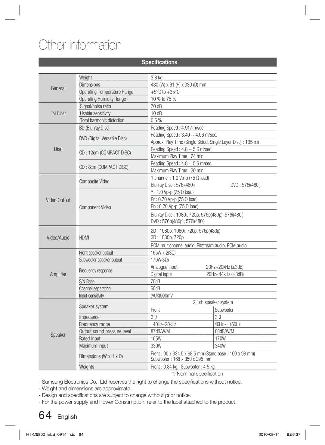 Samsung HT-C6800/XEN, HT-C6800/EDC, HT-C6800/XEF manual Speciﬁcations 