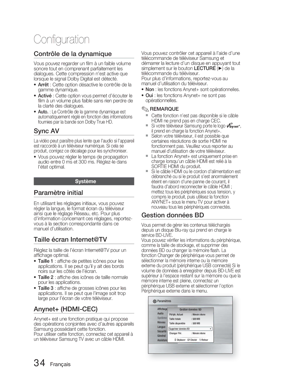 Samsung HT-C6800/XEN Contrôle de la dynamique, Sync AV, Paramètre initial, Taille écran Internet@TV, Gestion données BD 