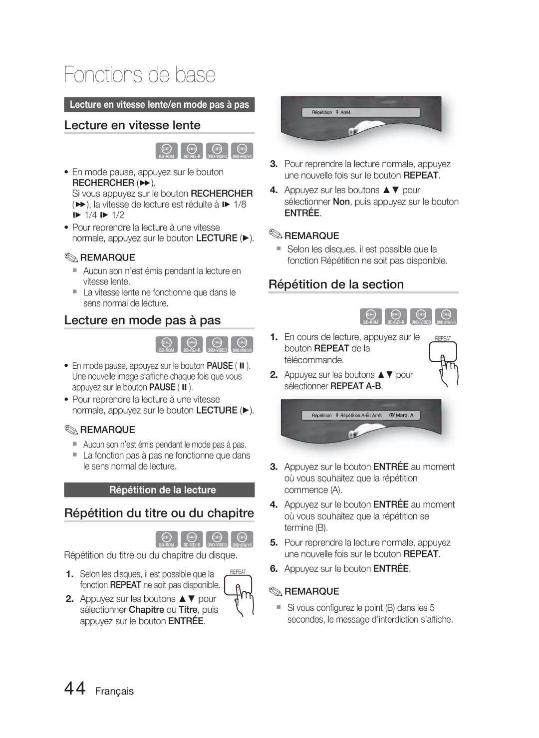 Samsung HT-C6800/XEF, HT-C6800/EDC Lecture en vitesse lente, Lecture en mode pas à pas, Répétition du titre ou du chapitre 