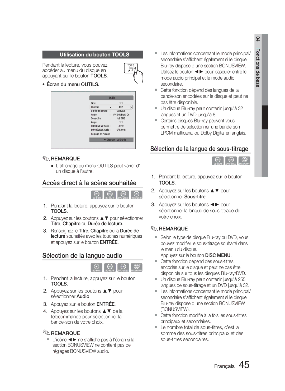 Samsung HT-C6800/EDC manual Accès direct à la scène souhaitée, Sélection de la langue audio, Utilisation du bouton Tools 