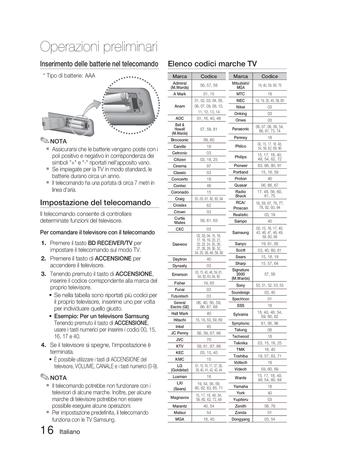 Samsung HT-C6800/XEN Elenco codici marche TV, Impostazione del telecomando, Inserimento delle batterie nel telecomando 