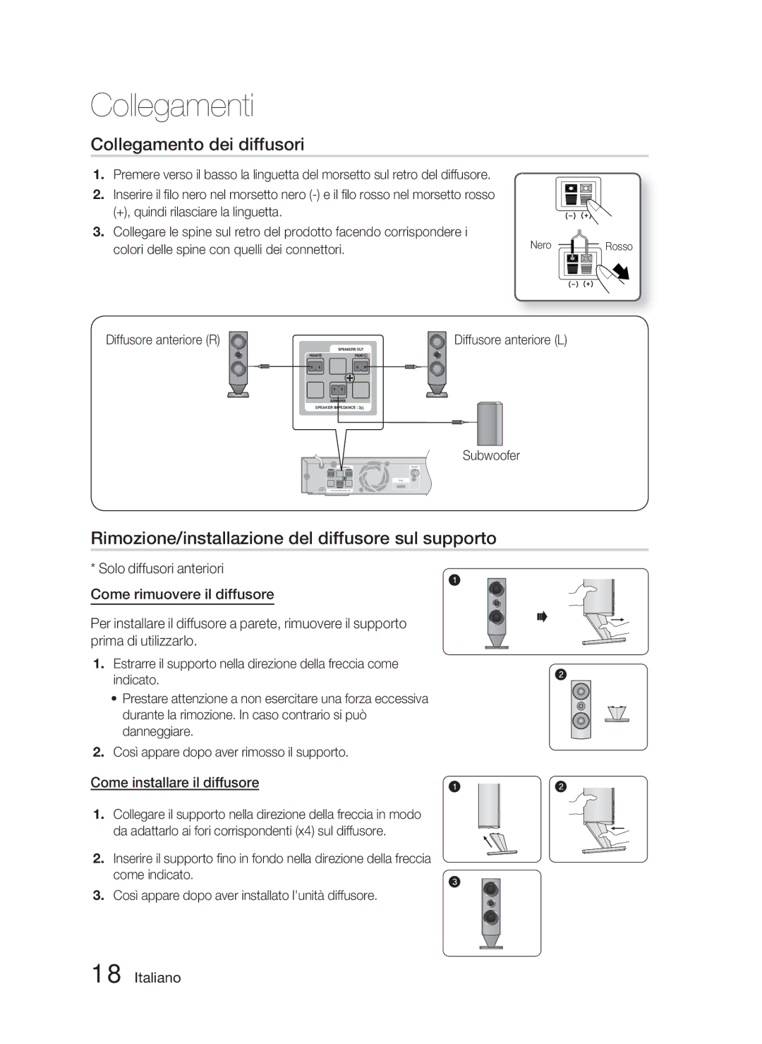 Samsung HT-C6800/EDC Collegamento dei diffusori, Rimozione/installazione del diffusore sul supporto, Diffusore anteriore R 