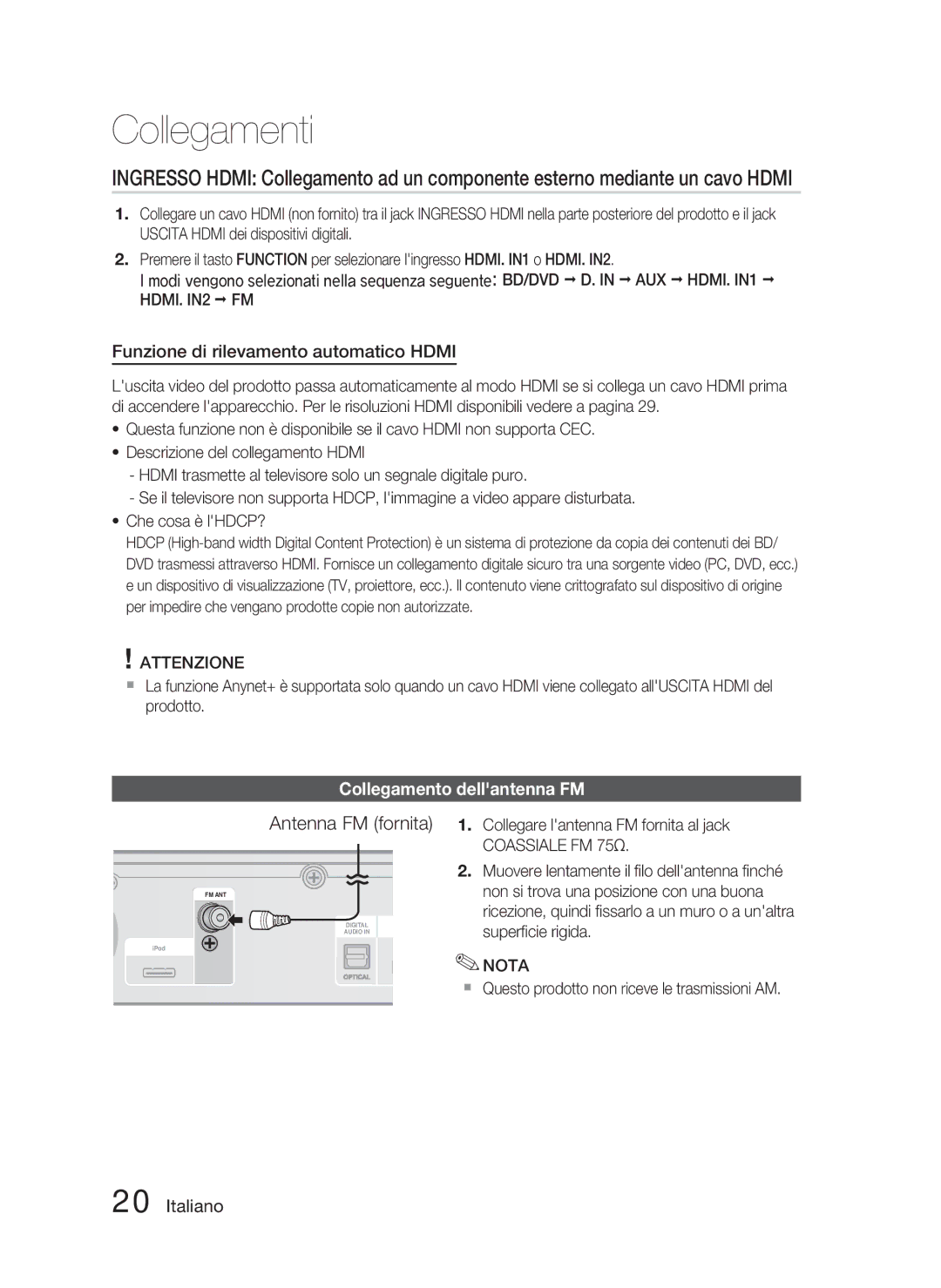 Samsung HT-C6800/XEF manual Antenna FM fornita, Funzione di rilevamento automatico Hdmi, Collegamento dellantenna FM 