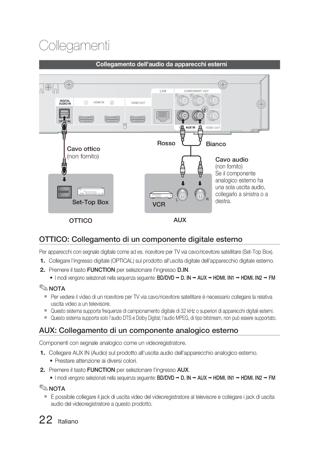 Samsung HT-C6800/XEN Ottico Collegamento di un componente digitale esterno, Collegamento dellaudio da apparecchi esterni 