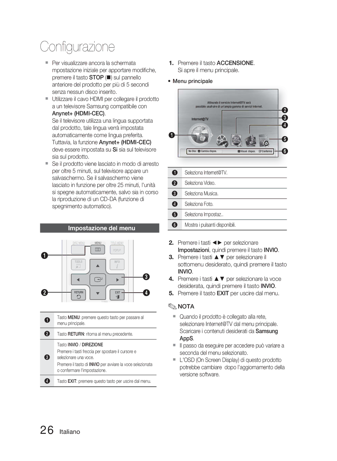 Samsung HT-C6800/XEF, HT-C6800/EDC, HT-C6800/XEN manual Conﬁgurazione, Impostazione del menu 