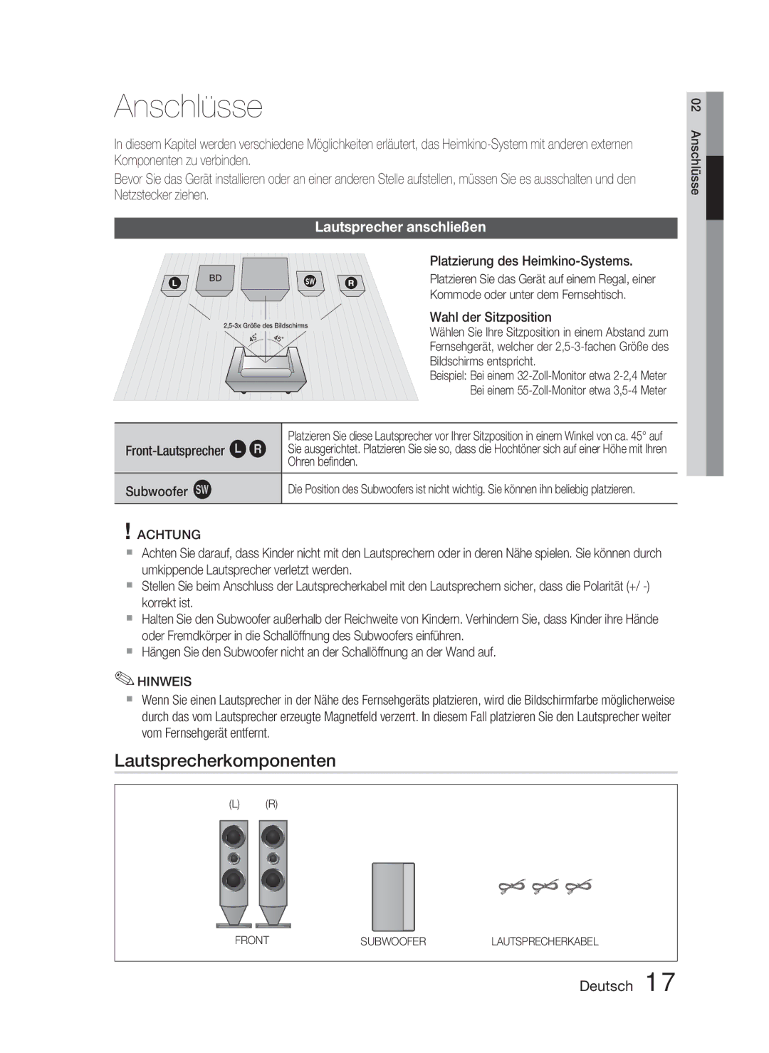 Samsung HT-C6800/XEF, HT-C6800/EDC, HT-C6800/XEN manual Anschlüsse, Lautsprecherkomponenten, Lautsprecher anschließen 