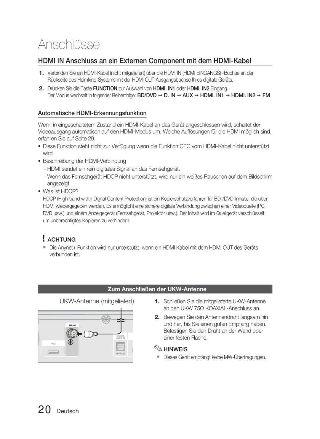 Samsung HT-C6800/XEF manual UKW-Antenne mitgeliefert, Automatische HDMI-Erkennungsfunktion, Zum Anschließen der UKW-Antenne 