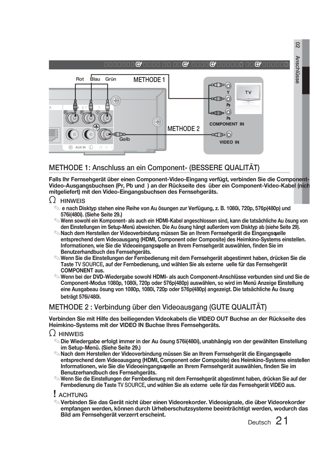 Samsung HT-C6800/EDC Methode 1 Anschluss an ein Component- Bessere Qualität, Videoausgang an das Fernsehgerät anschließen 