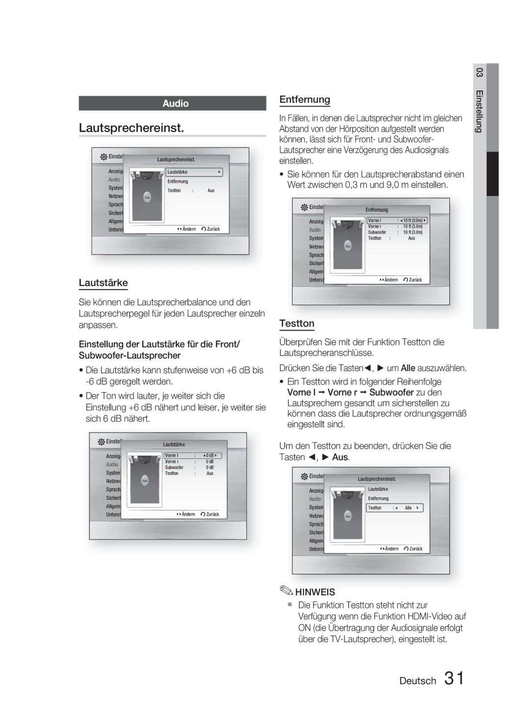 Samsung HT-C6800/XEN manual Lautsprechereinst, Lautstärke, Entfernung, Testton, Drücken Sie die Tasten, um Alle auszuwählen 