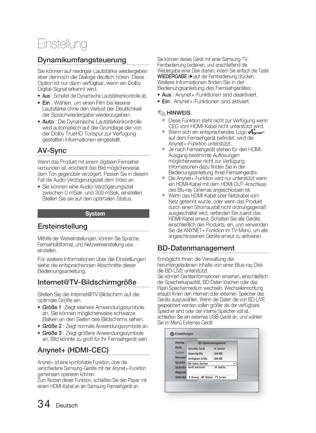 Samsung HT-C6800/XEN Dynamikumfangsteuerung, AV-Sync, Ersteinstellung, Internet@TV-Bildschirmgröße, BD-Datenmanagement 