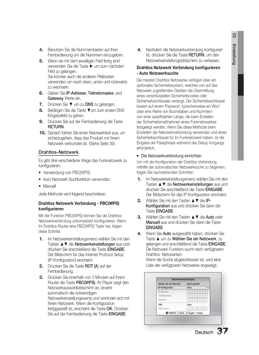 Samsung HT-C6800/XEN, HT-C6800/EDC manual Drahtlos-Netzwerk, Return, Drahtlos Netzwerk Verbindung Pbcwps konﬁgurieren 