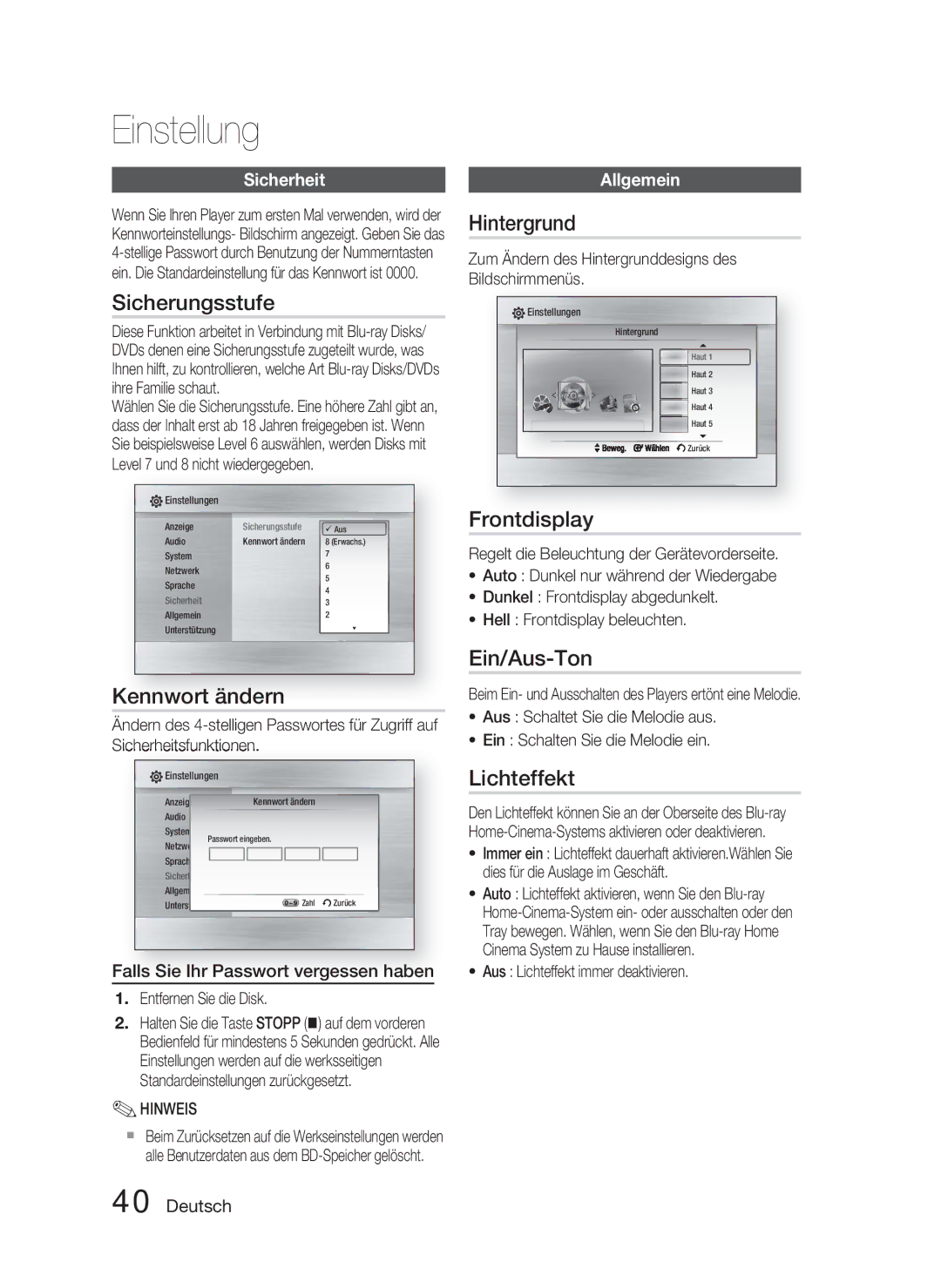 Samsung HT-C6800/XEN, HT-C6800/EDC Sicherungsstufe, Kennwort ändern, Hintergrund, Frontdisplay, Ein/Aus-Ton, Lichteffekt 